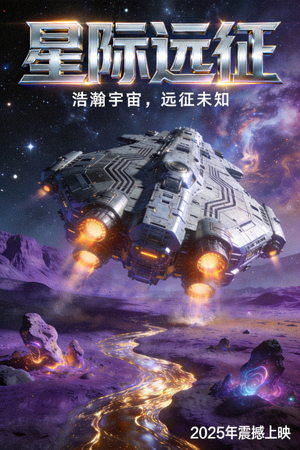 科幻史诗《星际远征》海报 - 太空飞船与外星景观，HDR高动态范围